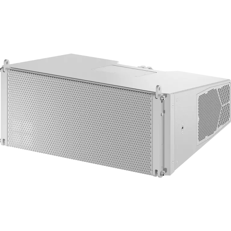 White electronic device with a perforated front panel, likely a server or cooling unit, positioned at an angle.