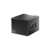 Black computer case with a mesh front panel and multiple ports on the side, designed for hardware installation and cooling.