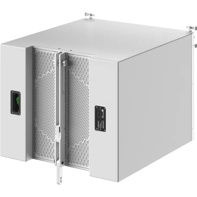 Gray electronic equipment enclosure with ventilation grilles and control panels on the front, designed for housing electronic components.