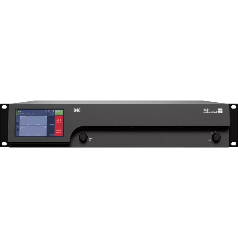 Schwarze Audio-Schnittstelle mit der Bezeichnung "D40", ausgestattet mit einem Touchscreen-Display und Reglern, entwickelt für professionelle Audioanwendungen.