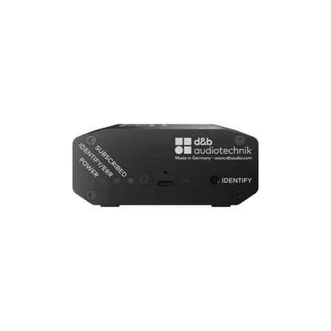 Black audio device with labeled ports for "SUBSCRIBED," "IDENTIFIER," and "POWER," featuring a logo and a USB-C connection.
