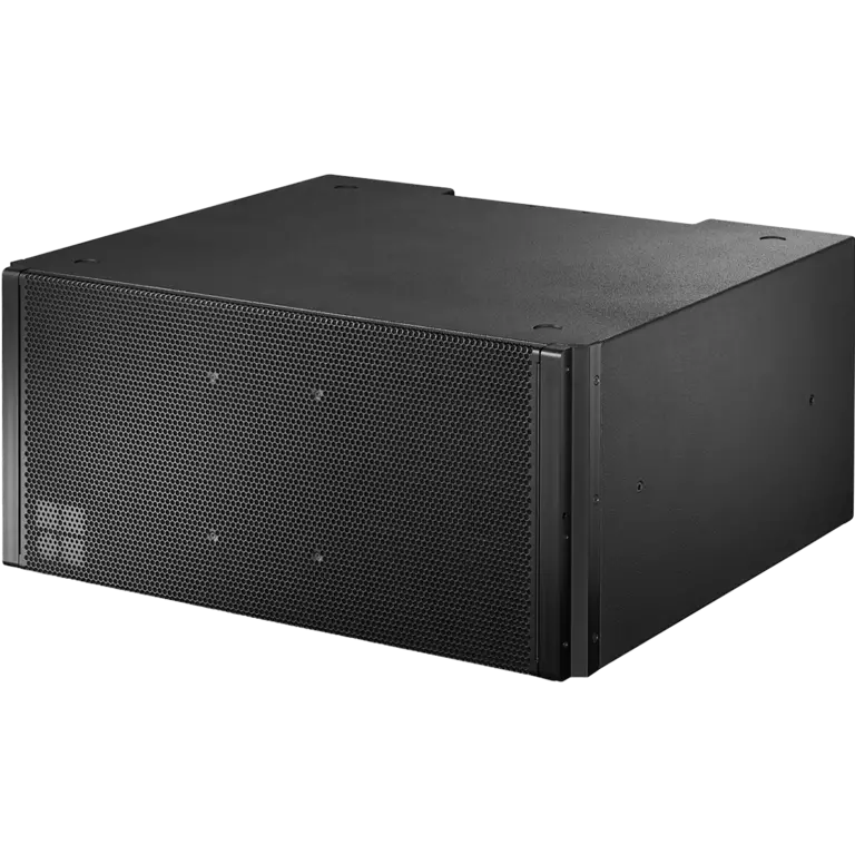 Black audio equipment rack with a perforated front panel, designed for housing electronic components.