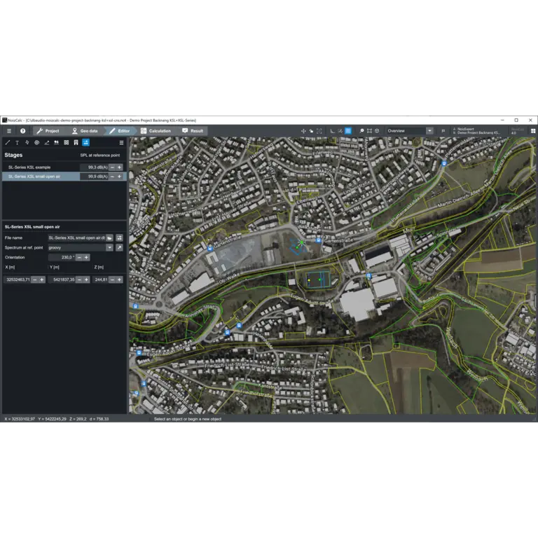 A detailed map interface displaying a residential area with roads, buildings, and green spaces, alongside a panel for navigation and settings.