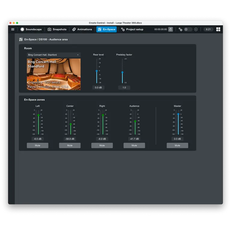 Audio setup interface displaying settings for the Bing Concert Hall at Stanford, including levels for rear, proximity, and various audio zones.