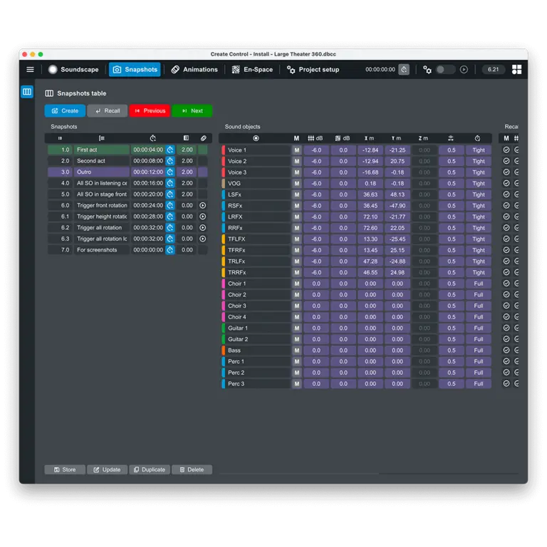 Soundscape software interface displaying a snapshots table with various sound objects, their parameters, and settings for audio manipulation.