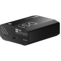 Black audio device with ports labeled for power, identification, and subscription, featuring a sleek design and "d&b audiotechnik" branding.