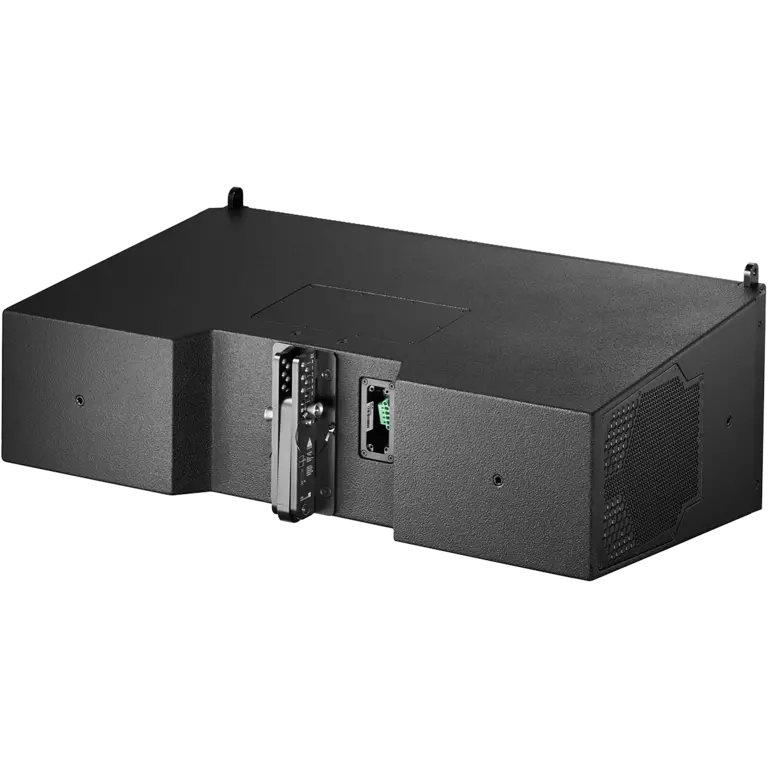 Black electronic device with a flat surface and ventilation grilles, featuring a central access panel and mounting hardware on the side.