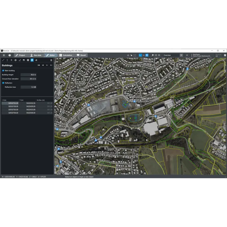 A detailed map displaying buildings, roads, and surrounding areas, with a sidebar listing building data and attributes.