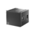Black audio speaker cabinet with a mesh front grille and side ports, designed for professional sound systems.