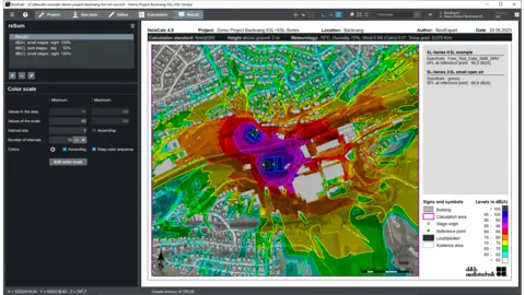 Topografische Karte, die Höheninformationen mit Farbverläufen anzeigt, die Höhenunterschiede darstellen, sowie Projektdetails und Einstellungen im linken Bereich.