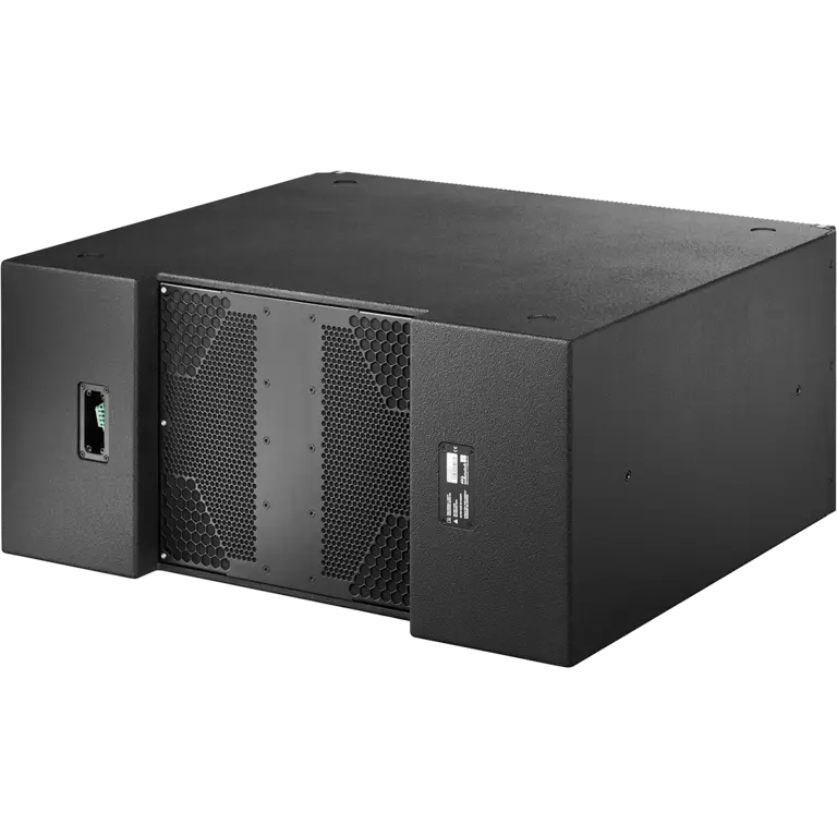 Black audio subwoofer with a rectangular shape and ventilation grilles on the front, designed for enhanced sound performance.