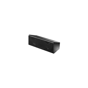 Portable black Bluetooth speaker with a sleek design and dual speaker grilles on the front.