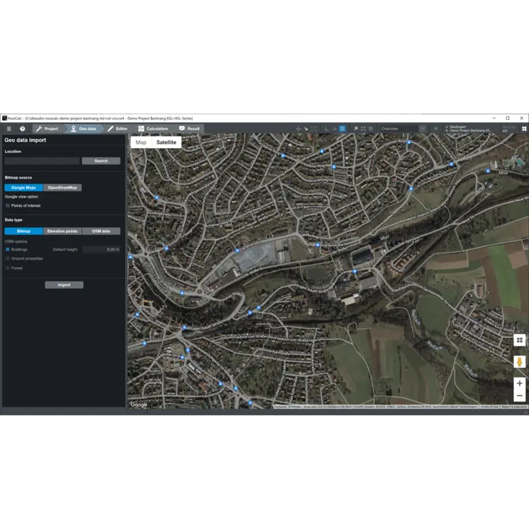 Map interface displaying a geographic data import tool, featuring a detailed satellite view of a landscape with roads, buildings, and fields.