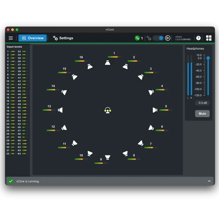 Audio mixing interface displaying input levels and headphone controls, with a circular layout for sound distribution and volume adjustments.
