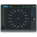Audio mixing interface displaying input levels and headphone controls, with a circular layout for sound distribution and volume adjustments.