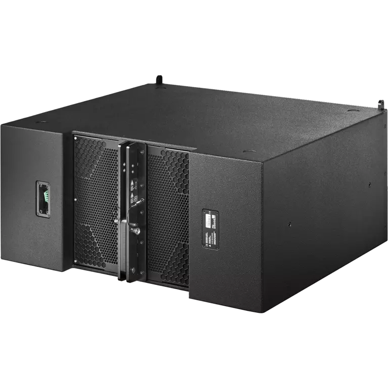 Black audio equipment with a rectangular shape, featuring front ventilation grills and control panel, designed for professional sound systems.