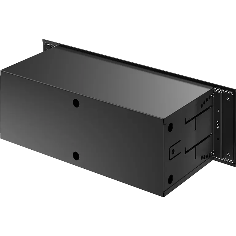 Black rectangular electronic enclosure with mounting brackets and ventilation holes, designed for housing components or devices.