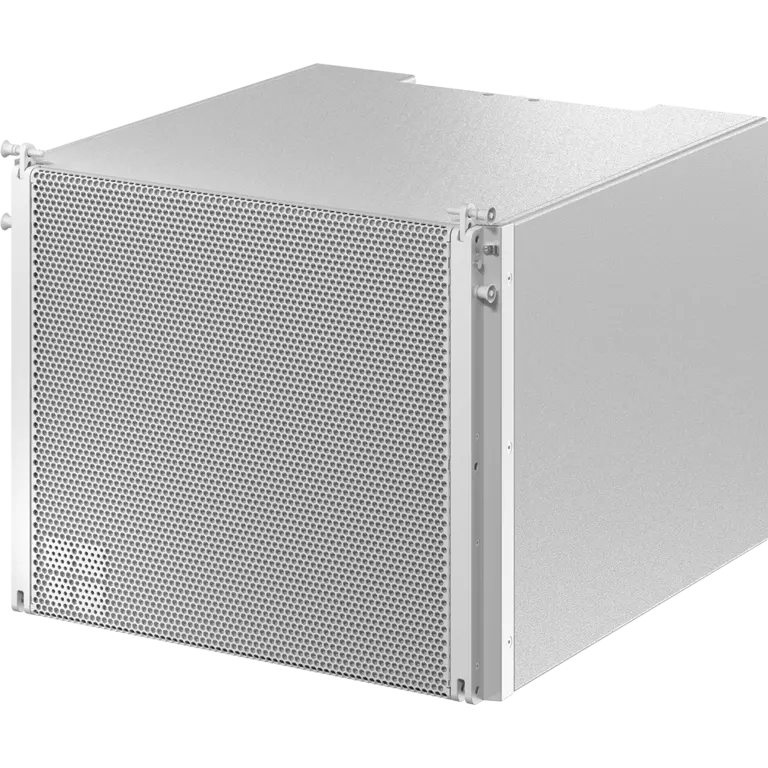 White electronic enclosure with a perforated front panel, designed for housing equipment or components, featuring side handles for easy access.