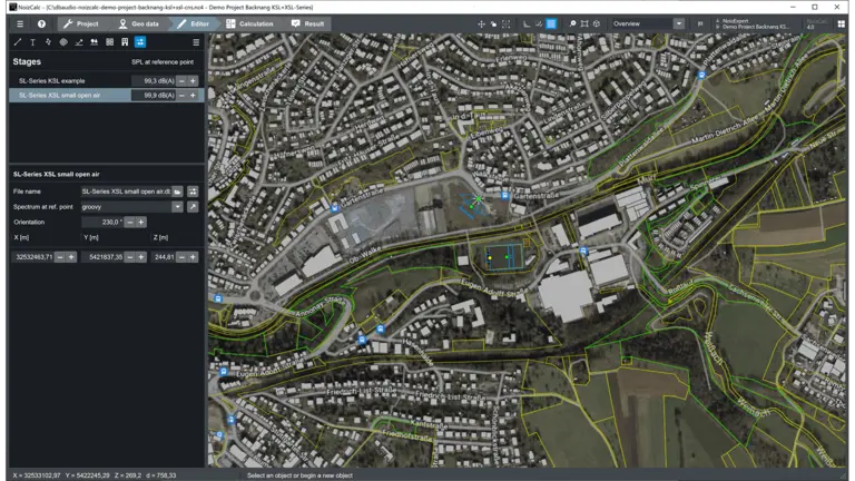 Map interface displaying a detailed urban layout with roads, buildings, and green spaces, alongside a panel for navigation and settings.