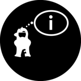 A cartoon character in a thought bubble with an "i" symbol, indicating information or inquiry. The design is minimalist and monochromatic.