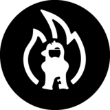 A stylized firefighter figure in white, surrounded by flame-like shapes, set against a black background.