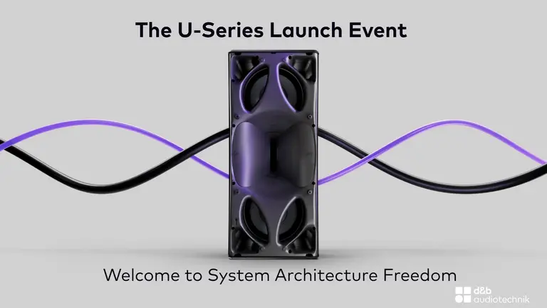 U-Series launch event display featuring a central audio device with purple and black cables, highlighting "Welcome to System Architecture Freedom."
