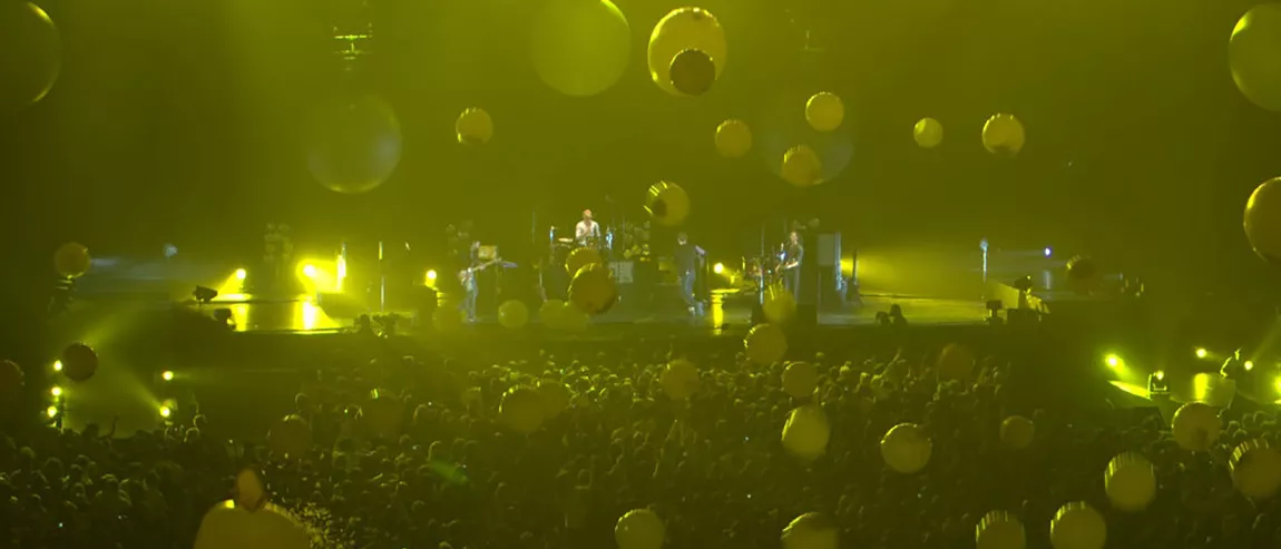 Will Champion from band Coldplay during rehearsals for a special