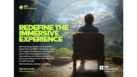 A person sits in a chair overlooking a vast landscape, with text promoting d&b Soundscape's immersive audio experience.
