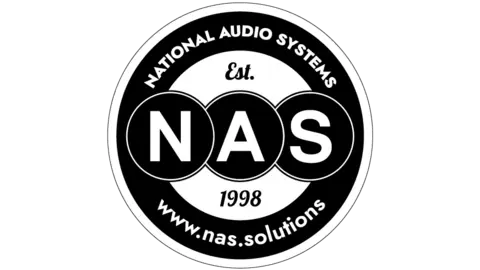 Logo for National Audio Systems (NAS), established in 1998, featuring the acronym "NAS" and the website www.nas.solutions.