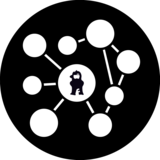 A central figure of a stylized character is surrounded by various circles, representing a network or connections. The background is black.