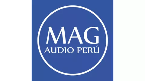 Logo featuring the text "MAG AUDIO PERÚ" in white on a blue background, enclosed in a circular design.