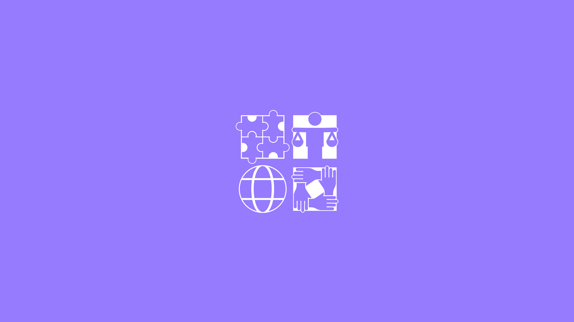 Vier Symbole auf lila Hintergrund: ein Puzzlestück, eine Waage, ein Globus und zwei sich schüttelnde Hände, die Zusammenarbeit und globale Verbindung repräsentieren.