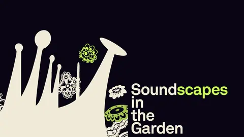 Text design featuring the words "Soundscapes in the Garden" with decorative floral elements and a crown-like shape in a dark background.