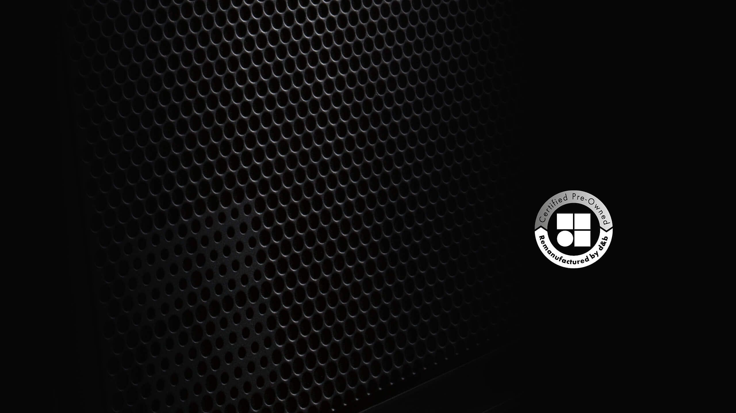 Nahaufnahme eines strukturierten schwarzen Lautsprechergitters mit einem runden Logo in der unteren rechten Ecke.