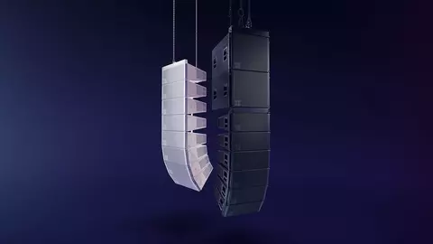 Zwei hängende Lautsprechersysteme, einer in Weiß und einer in Schwarz, vor einem dunklen Hintergrund präsentiert, der ihre geschwungenen Designs zur Geltung bringt.
