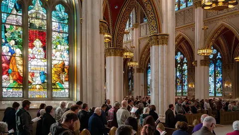 Crowd of people attending a service inside a church, with colorful stained glass windows illuminating the interior.
