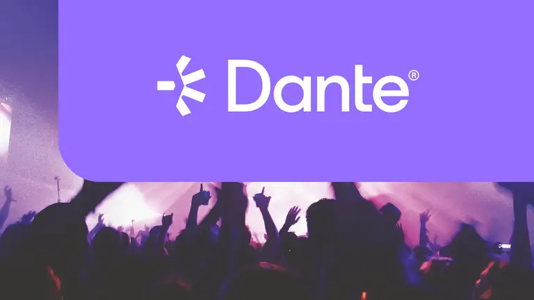 Dante logo displayed prominently above a crowd with raised hands at a concert or event, set against a purple background.