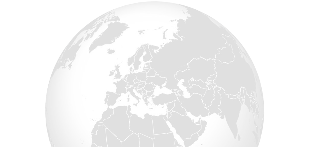 Globe illustration highlighting Europe and Africa, with countries outlined in a light color against a dark background.