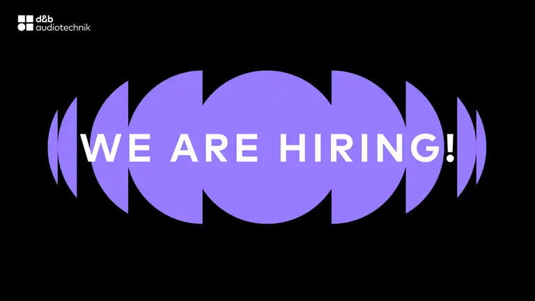 Text in bold white font states "WE ARE HIRING!" against a purple circular background with soundwave graphics.