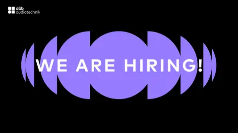 Text in bold white font states "WE ARE HIRING!" against a purple circular background with soundwave graphics.
