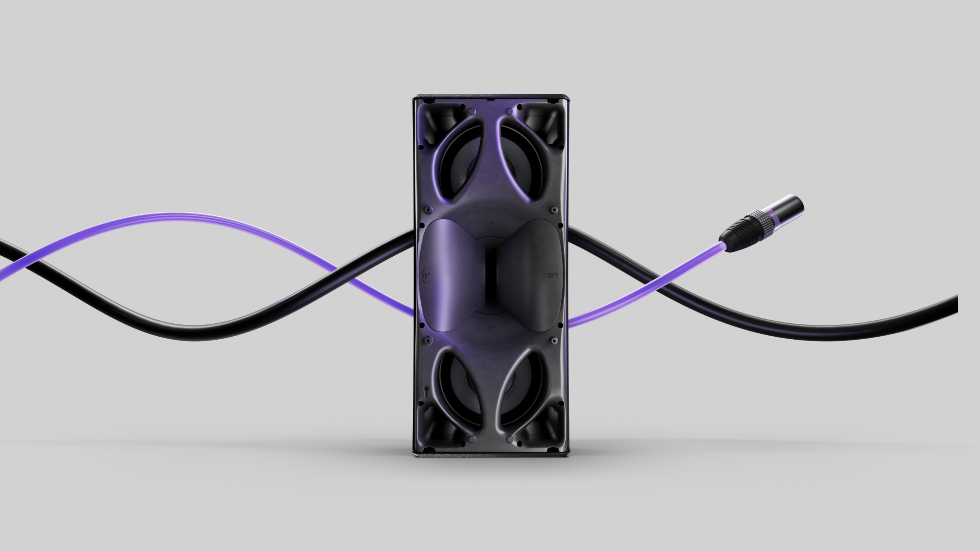 A black audio speaker with a purple cable connected, positioned centrally against a gray background.