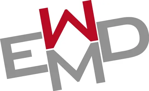 Stylized text featuring the letters "E," "M," "D," with "W" in red, arranged in a dynamic layout.