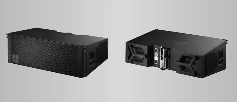Two black audio speaker enclosures displayed from different angles, showcasing their design and connectivity features.