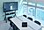 Modern conference room featuring a large display screen with data visualization, a long table, and sleek lighting fixtures.