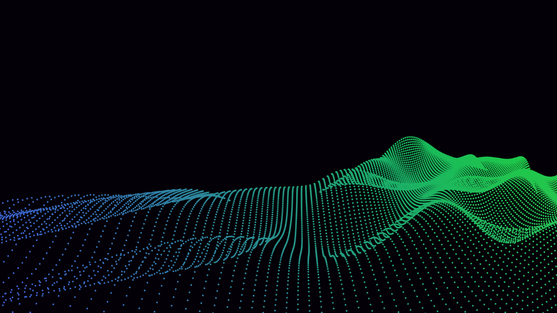 Abstraktes digitales Wellenmuster mit blauen und grünen Linien, das einen fließenden, dreidimensionalen Effekt vor einem schwarzen Hintergrund erzeugt.